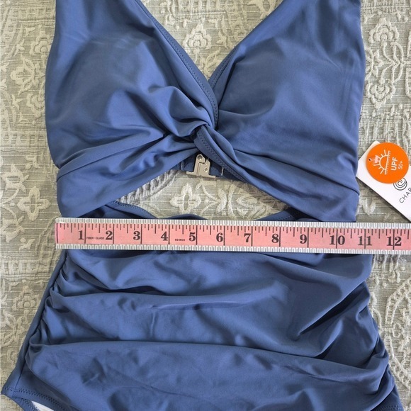 Charmo Blue Twist Front Cutout Ruched One Piece Swimsuit UPF 50+ NWT Small - Picture 3 of 6